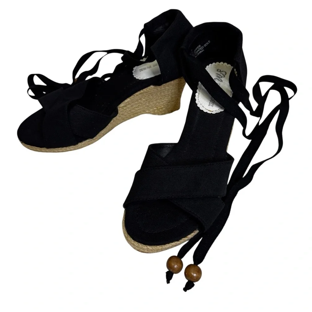 Steve Madden New York Black Wedge Ankle Tie Sandals Size 7 Espadrille Wedge NWOT